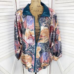 Rafael Reversible Satin Jacquard Floral Full Zip Track Jacket Multi Teal Large